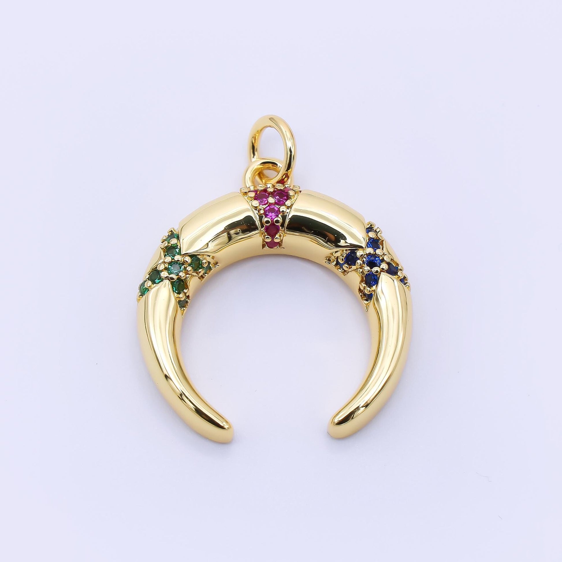 24K Gold Filled 20mm Green, Fuchsia, & Blue Micro Paved CZ Crescent Moon Charm | AC1610