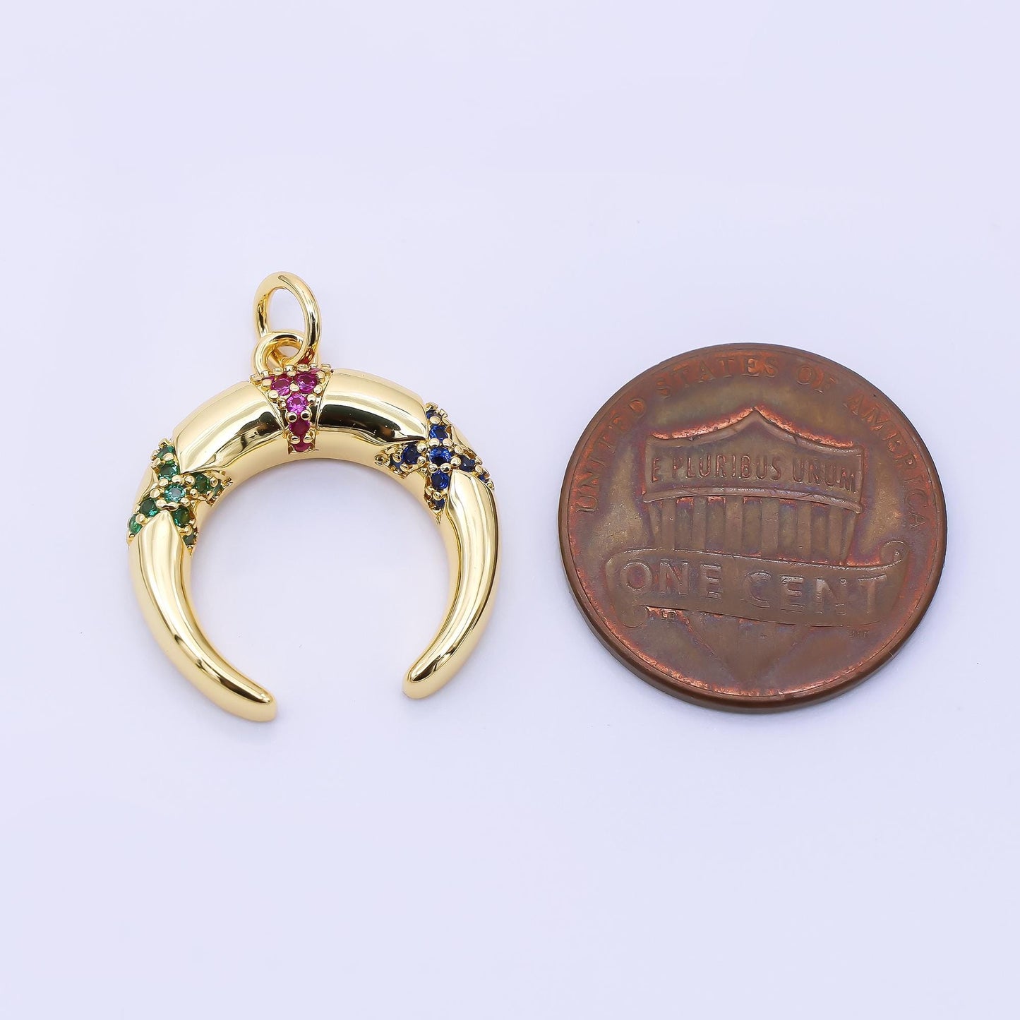 24K Gold Filled 20mm Green, Fuchsia, & Blue Micro Paved CZ Crescent Moon Charm | AC1610
