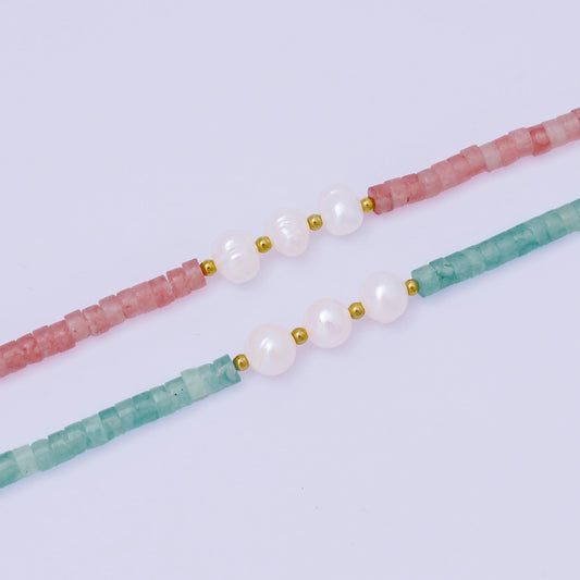Pink gem stone beaded Bracelet Pearl handmade jewelry WA-1347