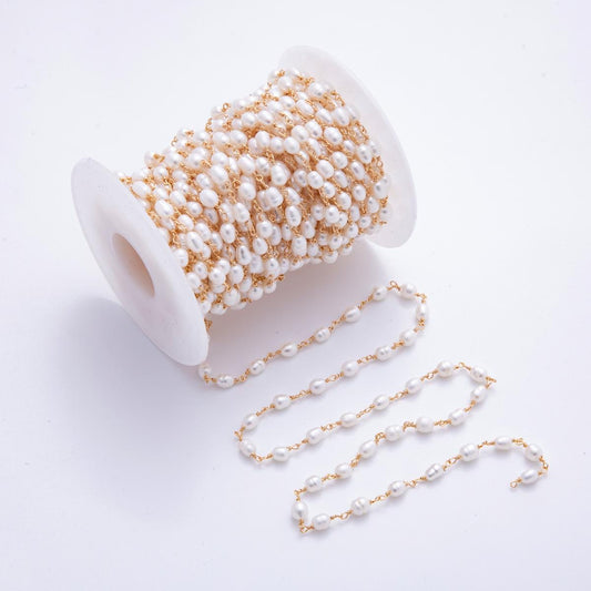 Pearl Rosary Chain 4mm Oval Potato Pearl Beads 18k Gold Filled Rosary Chain, Wire Wrapped Rosary Chain ROLL-1705