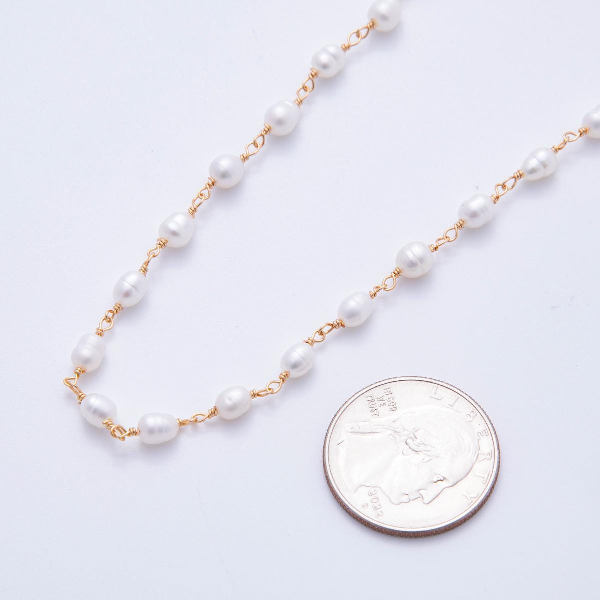 Pearl Rosary Chain 4mm Oval Potato Pearl Beads 18k Gold Filled Rosary Chain, Wire Wrapped Rosary Chain ROLL-1705