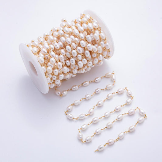 White Pink Purple Color Pearl Rosary Chain 6mm Oval Potato Pearl Beads 18k Gold Filled Rosary Chain, Wire Wrapped Rosary Chain ROLL-1706