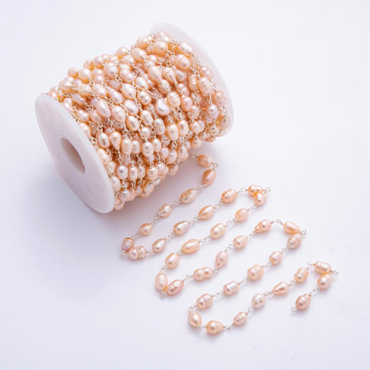 Pearl Rosary Chain 6mm Oval Potato Pearl Beads 18k Gold Filled Rosary Chain, Wire Wrapped Rosary Chain ROLL-1709