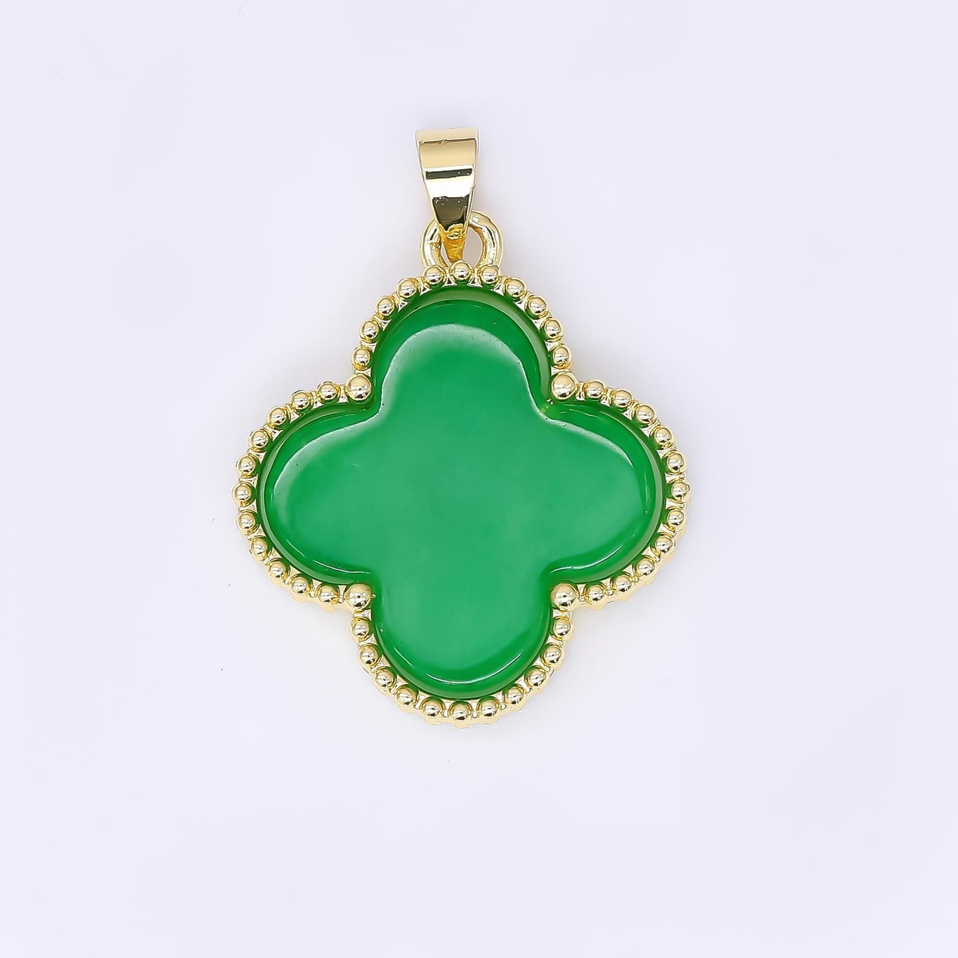 24K Gold Filled 24mm Natural Gemstone Jade Charm 4-Petals Lucky Clover Pendant | AA-1590