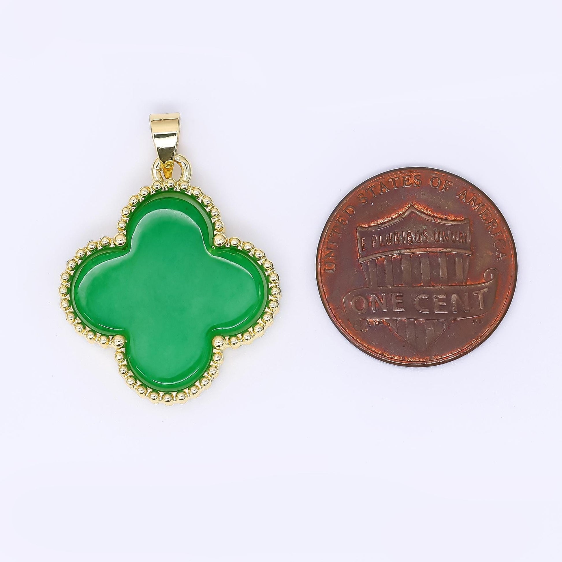 24K Gold Filled 24mm Natural Gemstone Jade Charm 4-Petals Lucky Clover Pendant | AA-1590