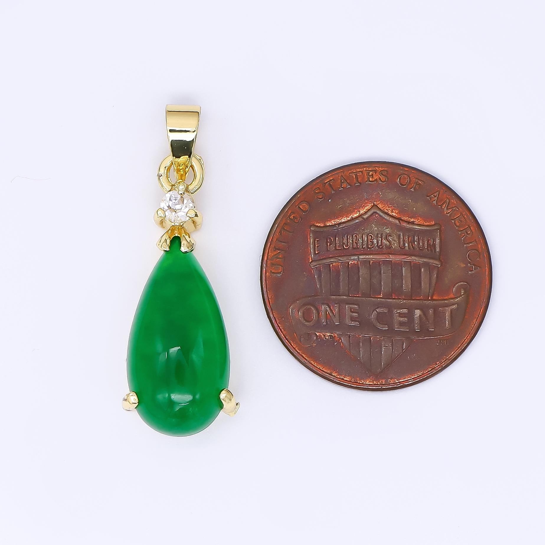 24K Gold Filled 24mm Micro Paved CZ Natural Gemstone Jade Charm Teardrop Pendant | AA-1591