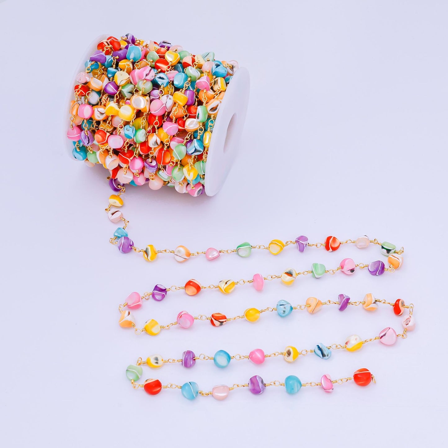 24K Gold Filled 2.9mm Colorful Pebbles Coffee Bean-Shaped Beaded Chain by Yard | ROLL-1671