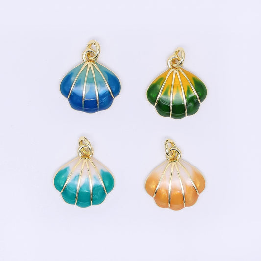 24k gold fill Enamel Clam shaped pendant Beach Charm Green Blue Teal Stripes Pendant af-545