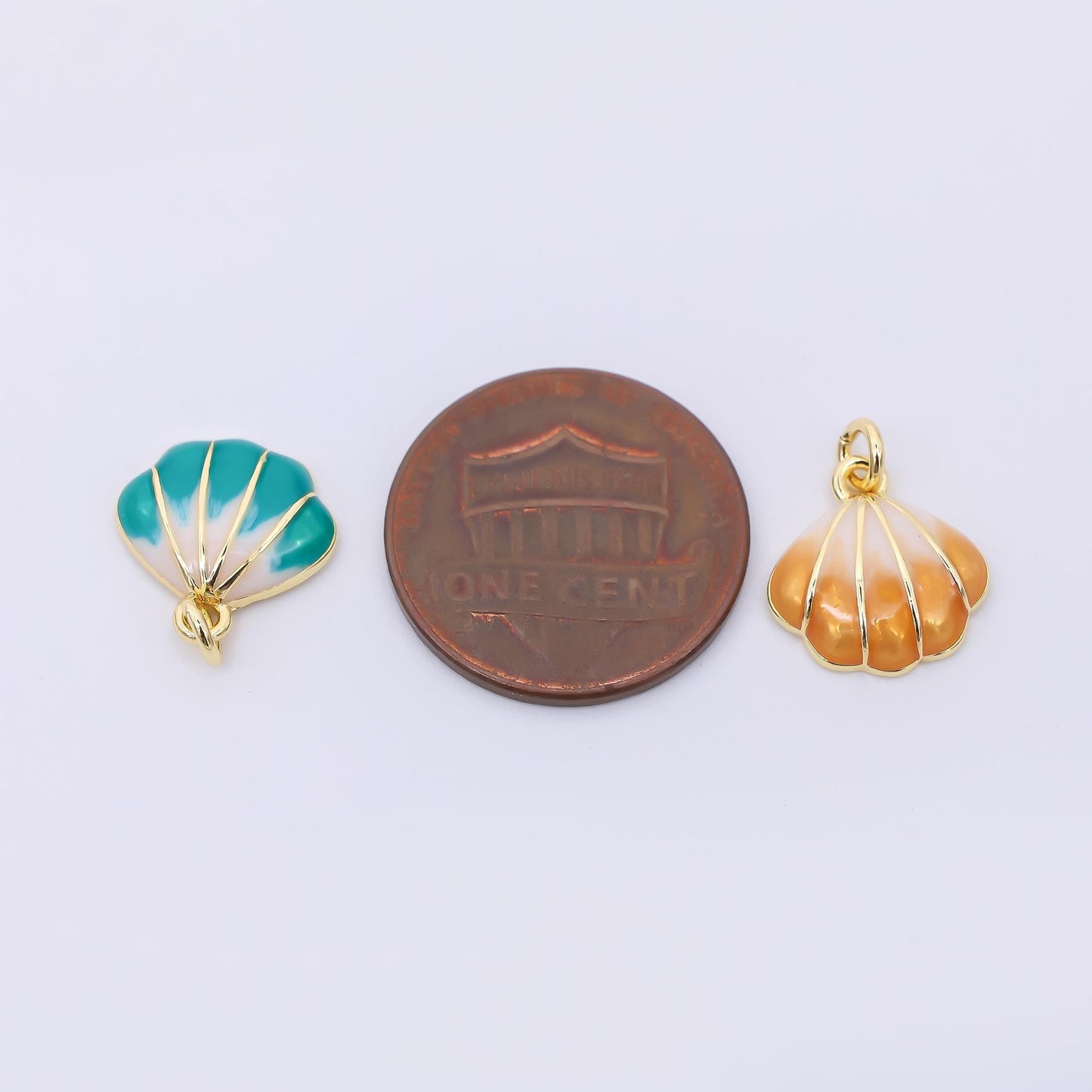 24k gold fill Enamel Clam shaped pendant Beach Charm Green Blue Teal Stripes Pendant af-545