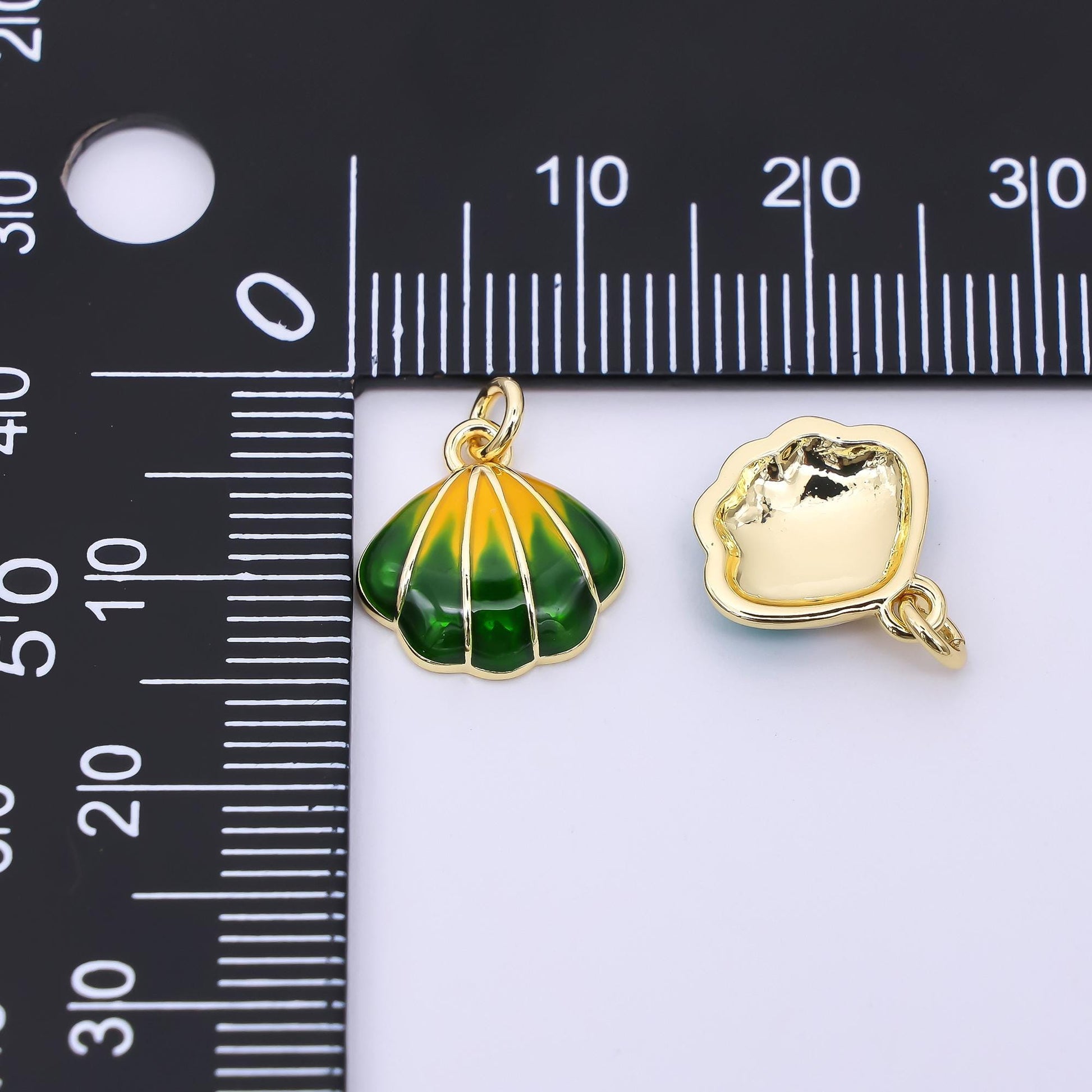 24k gold fill Enamel Clam shaped pendant Beach Charm Green Blue Teal Stripes Pendant af-545