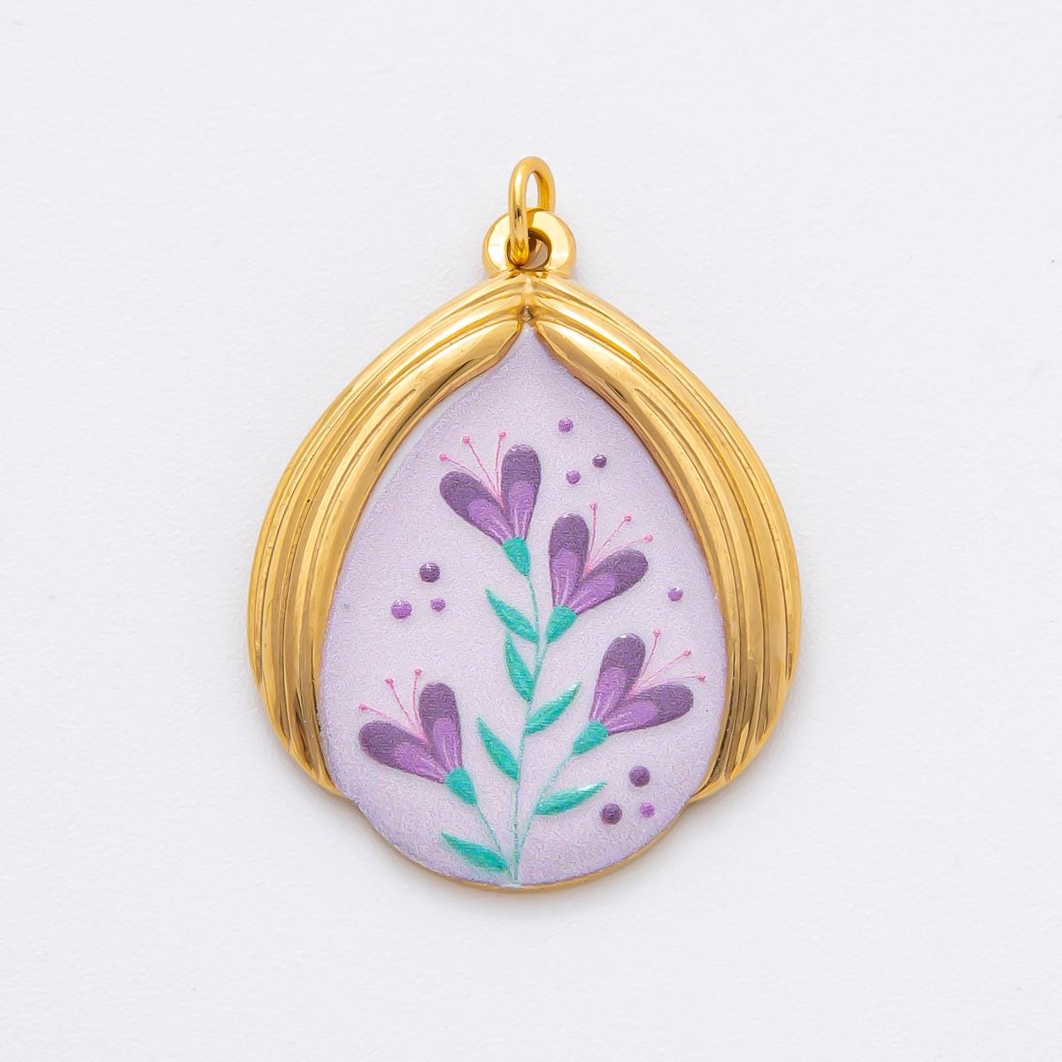 PVD Gold Stainless Steel Painted Lavender Flower Mediterranean Enamel Romantic Floral charm | J-797