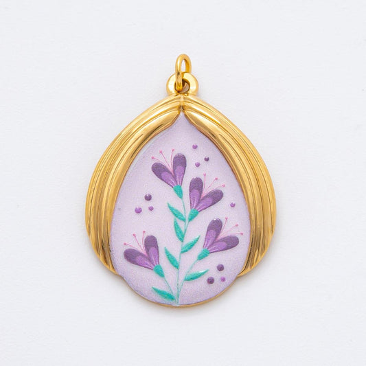 PVD Gold Stainless Steel Painted Lavender Flower Mediterranean Enamel Romantic Floral charm | J-797