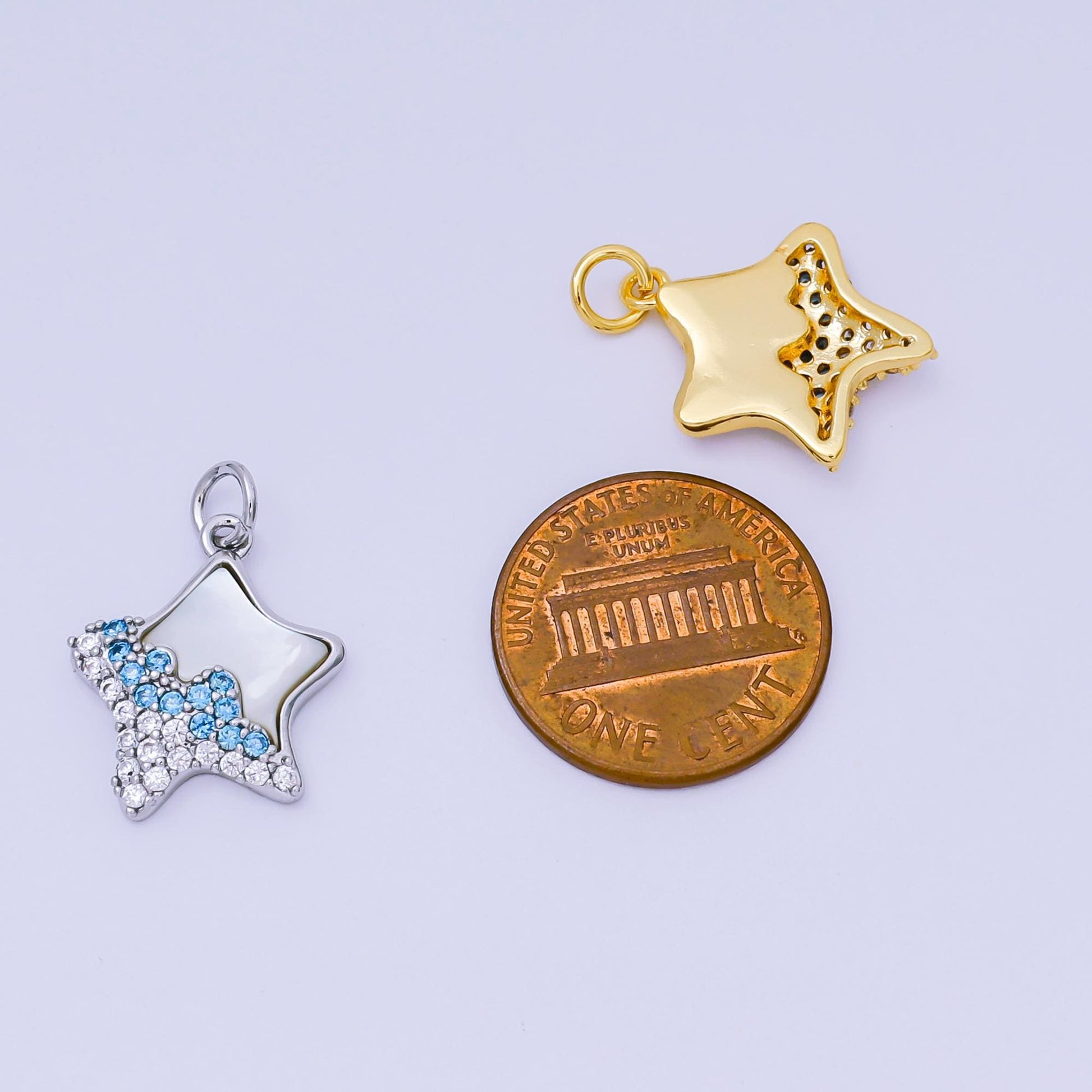 24K Gold Filled 17mm Sky Blue, Clear Micro Paved CZ Shell Pearl Dazzling Star Charm in Gold & Silver | AH-591