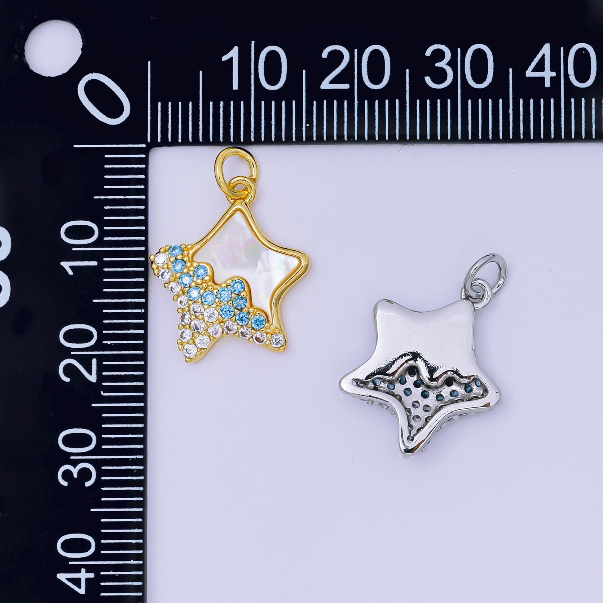 24K Gold Filled 17mm Sky Blue, Clear Micro Paved CZ Shell Pearl Dazzling Star Charm in Gold & Silver | AH-591