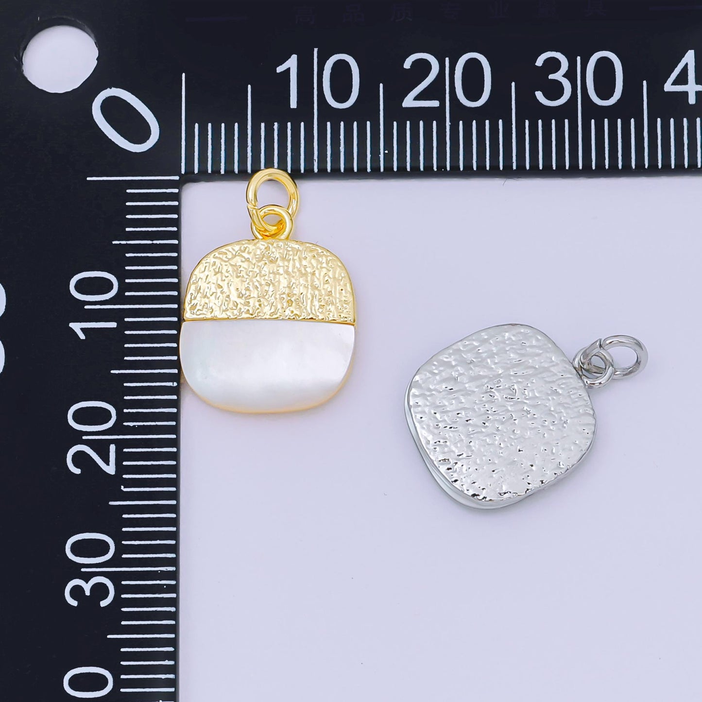 24K Gold Filled 16mm Shell Pearl Two-Toned Half Square Charm in Gold & Silver | AH-593