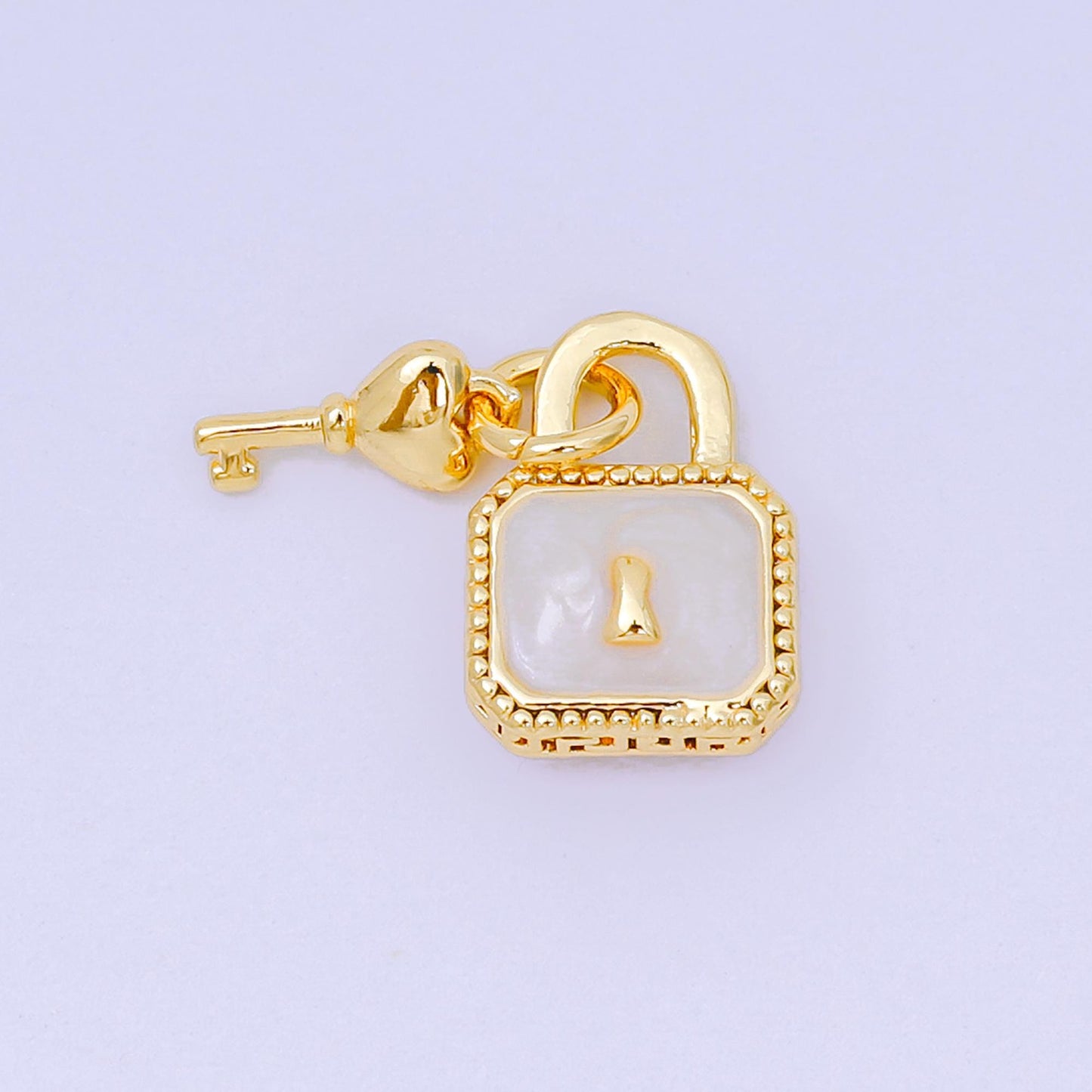 24K Gold Filled 16mm Mother of Pearl Unlock the Padlock, Heart of Key Charm in Gold & Silver | AH-592