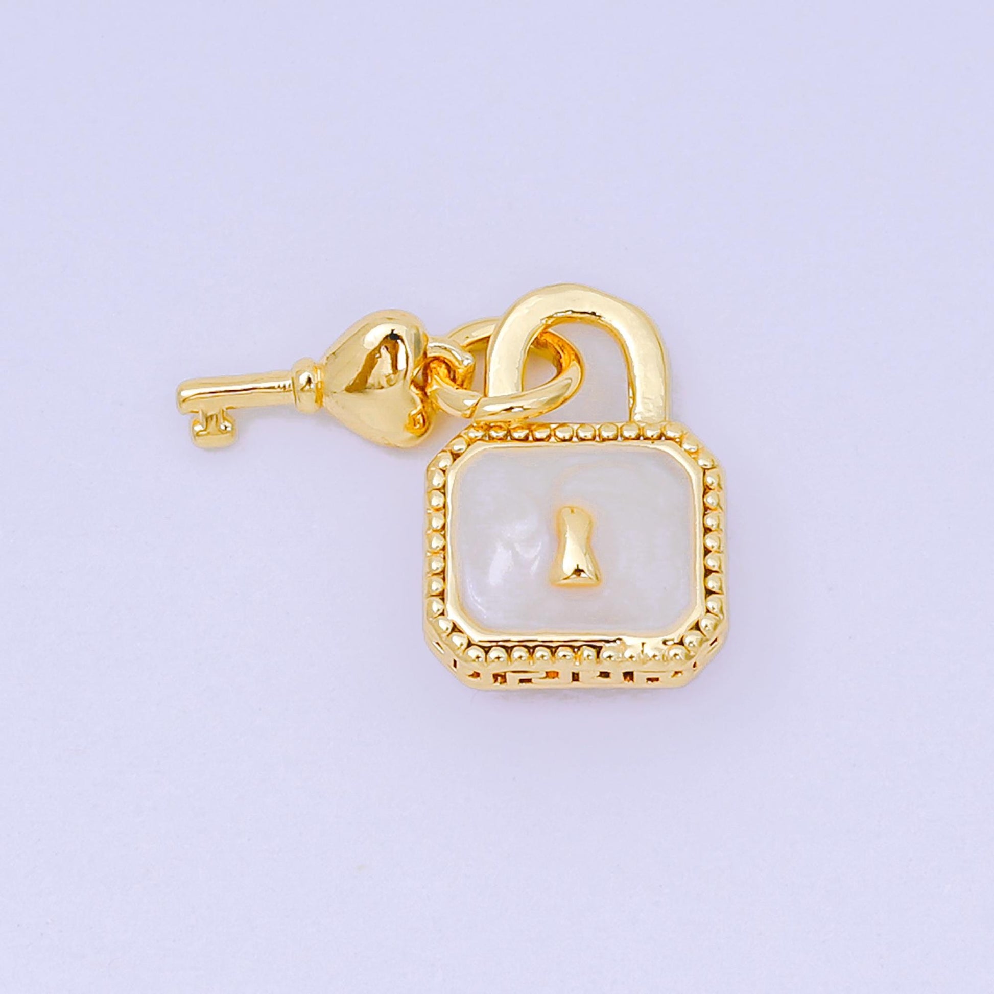 24K Gold Filled 16mm Mother of Pearl Unlock the Padlock, Heart of Key Charm in Gold & Silver | AH-592