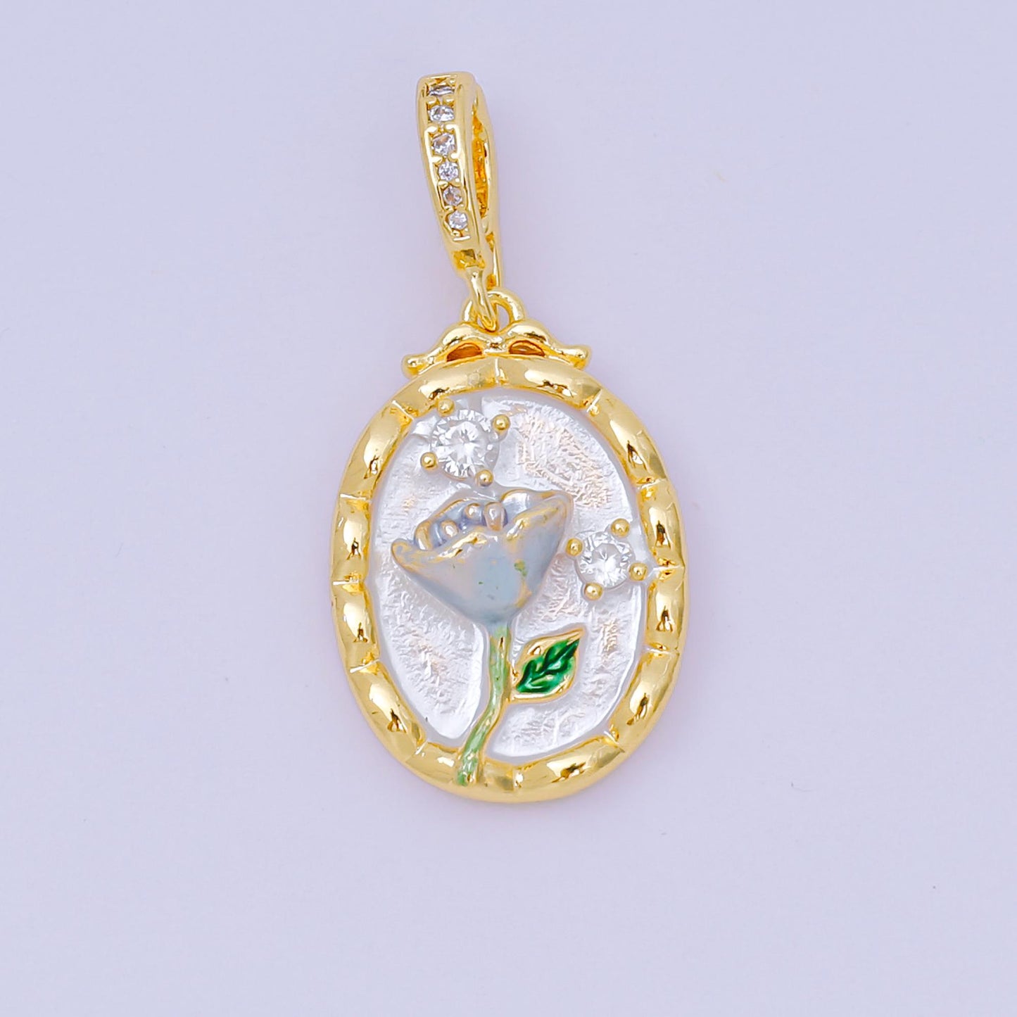24K Gold Filled 23mm Micro Paved CZ Enamel Art Frame of Flower Charm in Gold & Silver | AA-1574