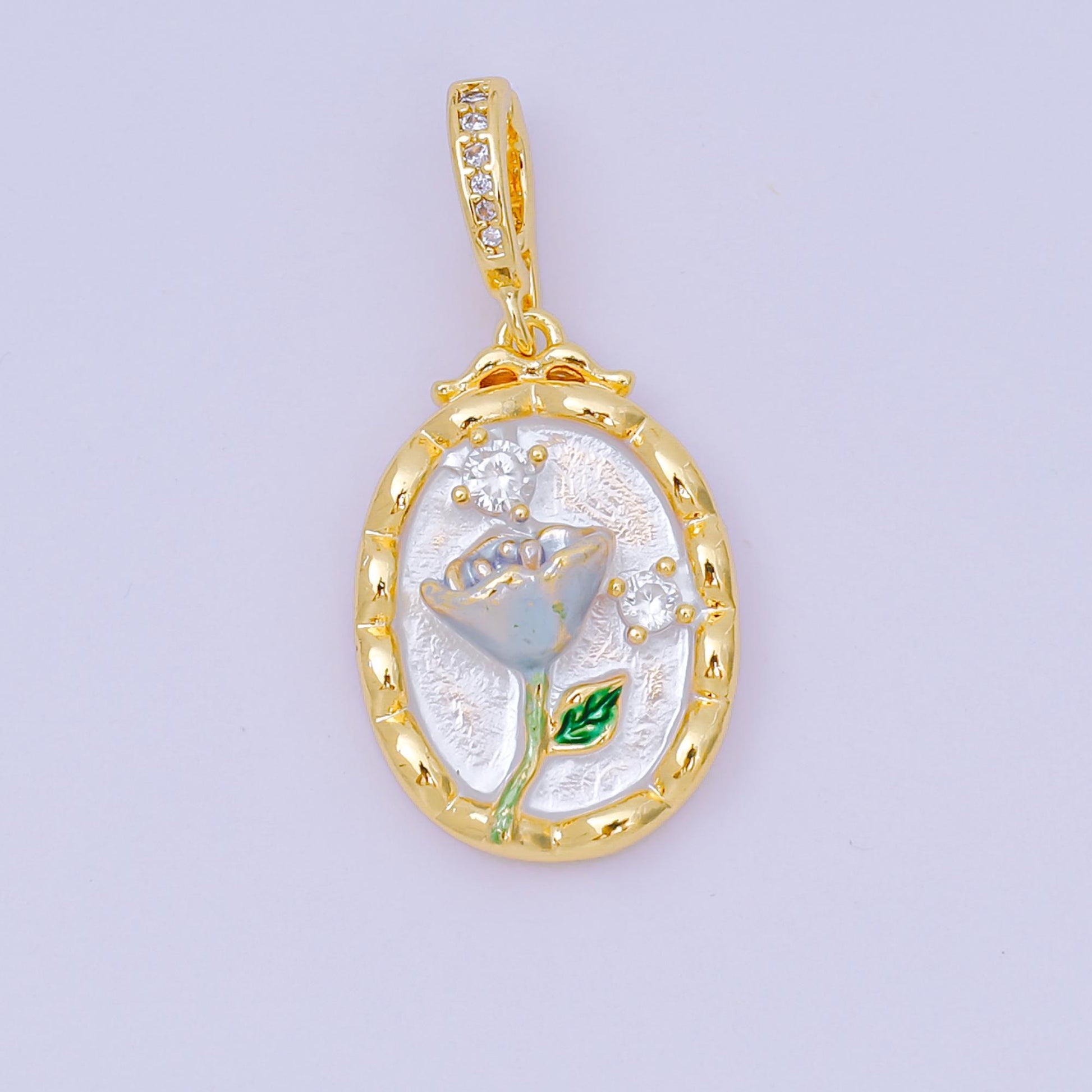24K Gold Filled 23mm Micro Paved CZ Enamel Art Frame of Flower Charm in Gold & Silver | AA-1574