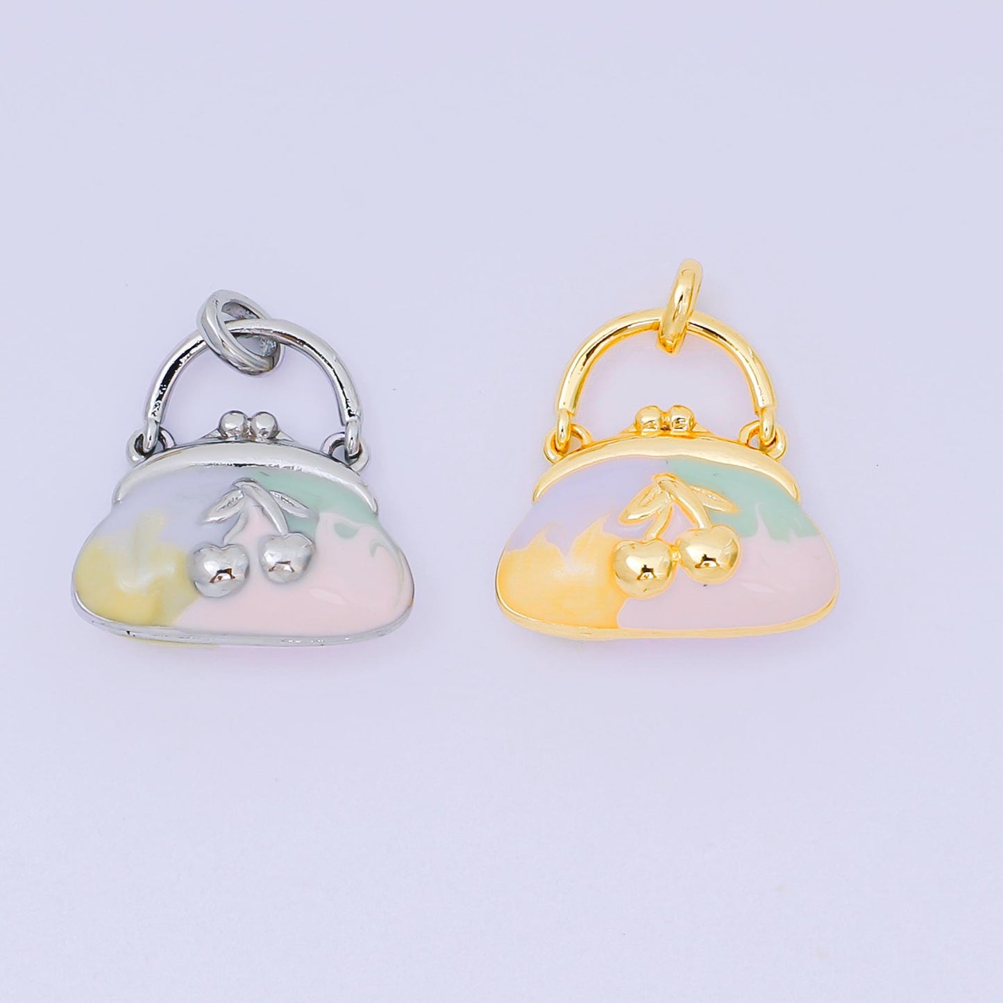 24K Gold Filled 10mm Enamel Art Cherry Fruit Mini Handbag Purse Pendant in Gold & Silver | AA-1573