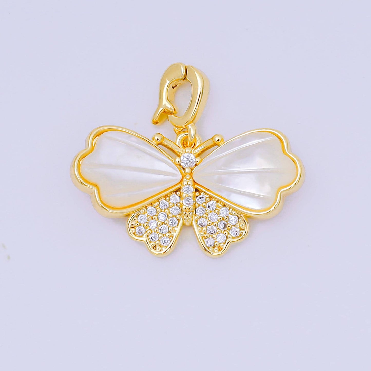 24K Gold Filled 12mm Micro Paved CZ Mother of Pearl Magnificent Mariposa Butterfly Pendant in Gold & Silver | AA-1576