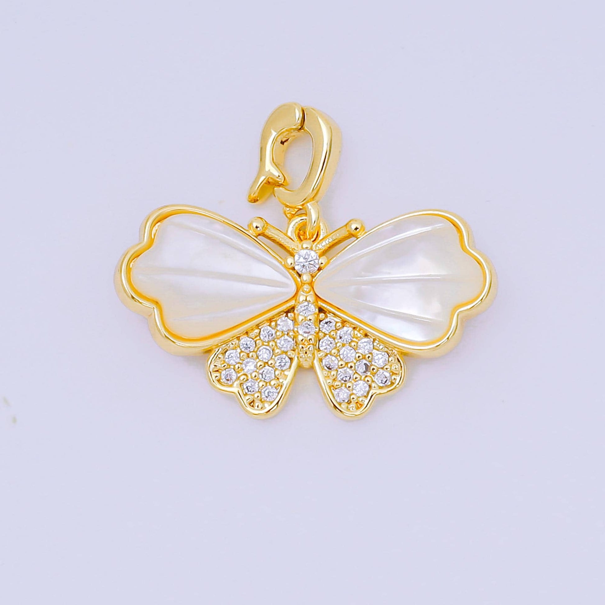 24K Gold Filled 12mm Micro Paved CZ Mother of Pearl Magnificent Mariposa Butterfly Pendant in Gold & Silver | AA-1576