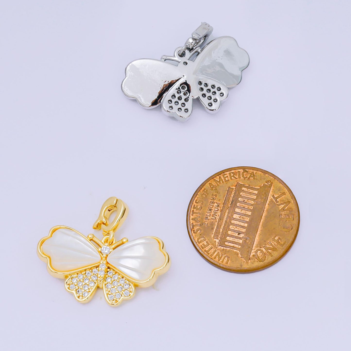24K Gold Filled 12mm Micro Paved CZ Mother of Pearl Magnificent Mariposa Butterfly Pendant in Gold & Silver | AA-1576