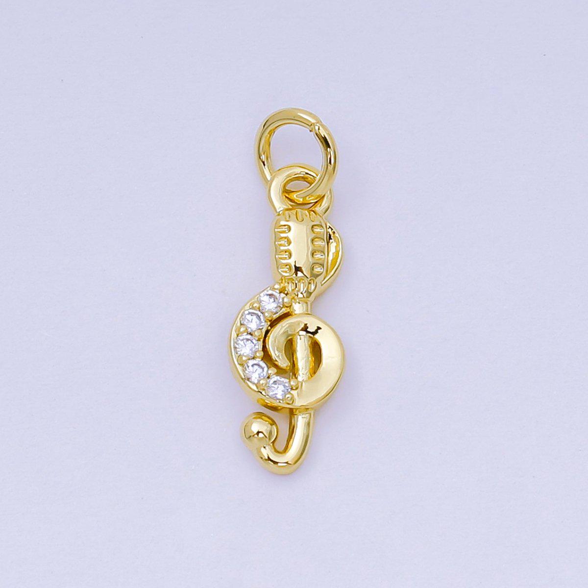 24K Gold Filled 16mm Micro Paved CZ Microphone in G-Clef Treble Music Note Charm in Gold and Silver | AH-589