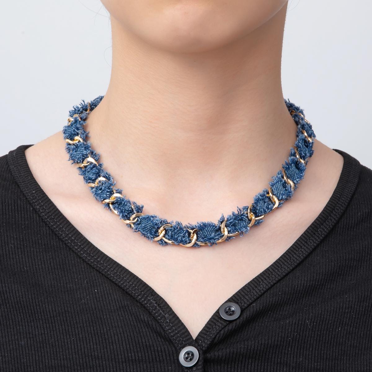 Gold Denim Jeans Fabric Scarf Necklace 16 inch Choker Scarf Necklace Charm Jewelry Supply Ready to Wear WA-3447