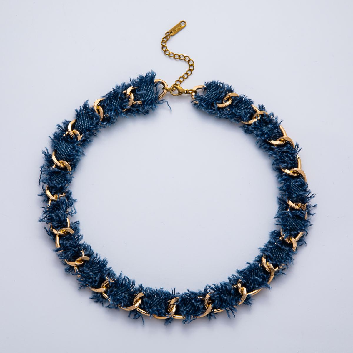 Gold Denim Jeans Fabric Scarf Necklace 16 inch Choker Scarf Necklace Charm Jewelry Supply Ready to Wear WA-3447