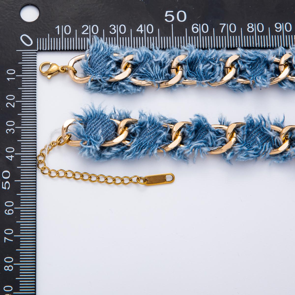 Gold Denim Jeans Fabric Scarf Necklace 16 inch Choker Scarf Necklace Charm Jewelry Supply Ready to Wear WA-3447