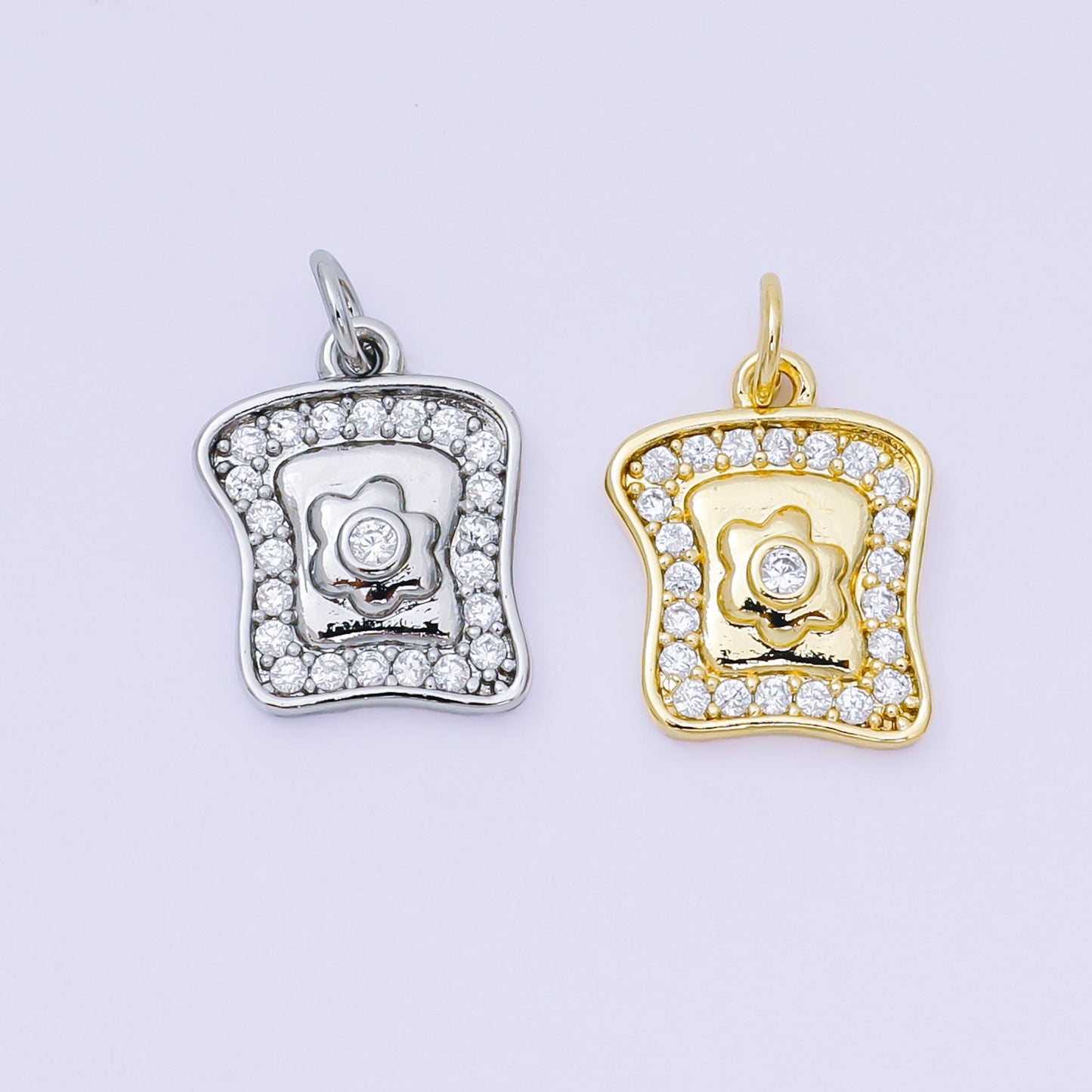 24K Gold Filled 15mm Micro Paved CZ Breakfast Bread, Egg Food Charm in Gold & Silver | AH-585