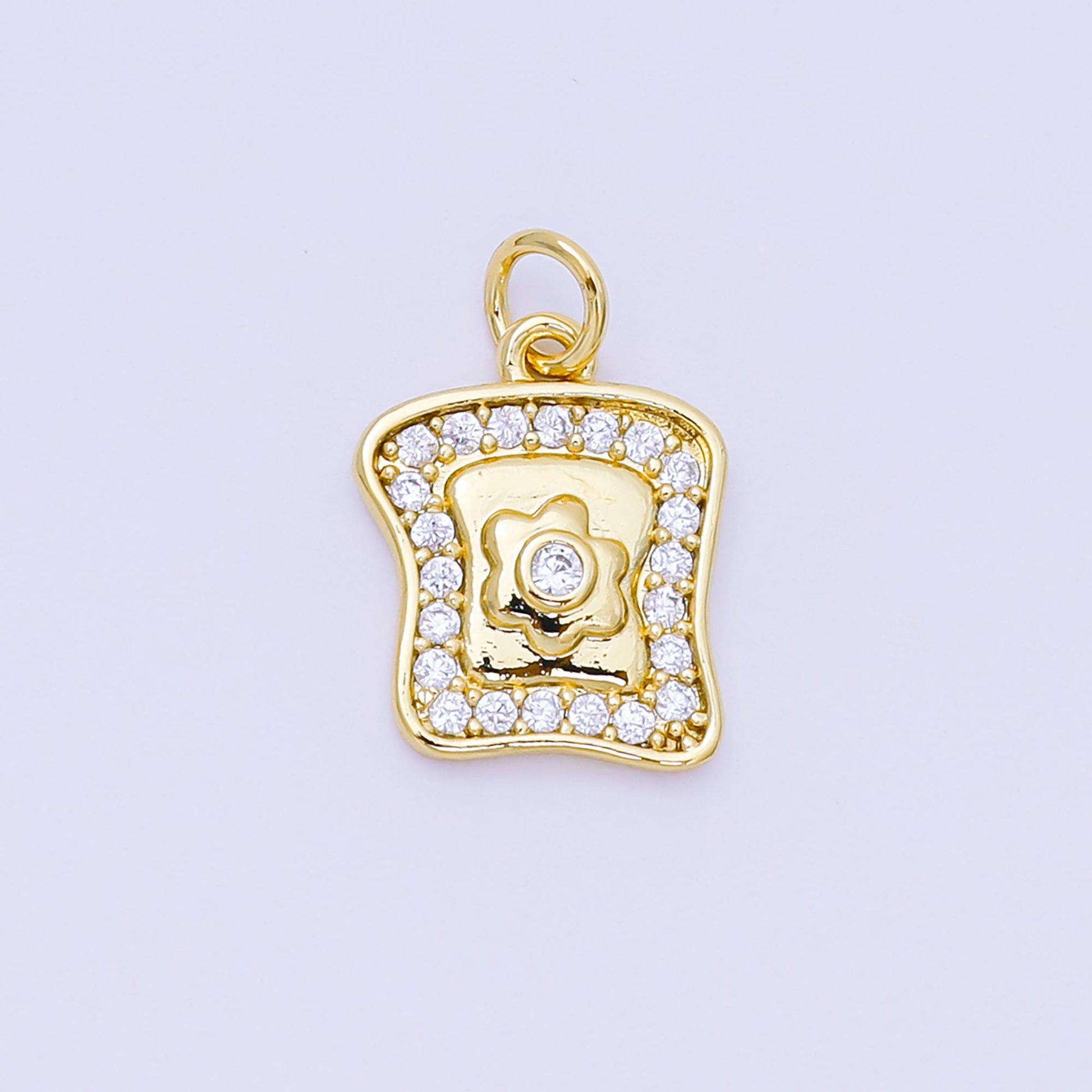 24K Gold Filled 15mm Micro Paved CZ Breakfast Bread, Egg Food Charm in Gold & Silver | AH-585