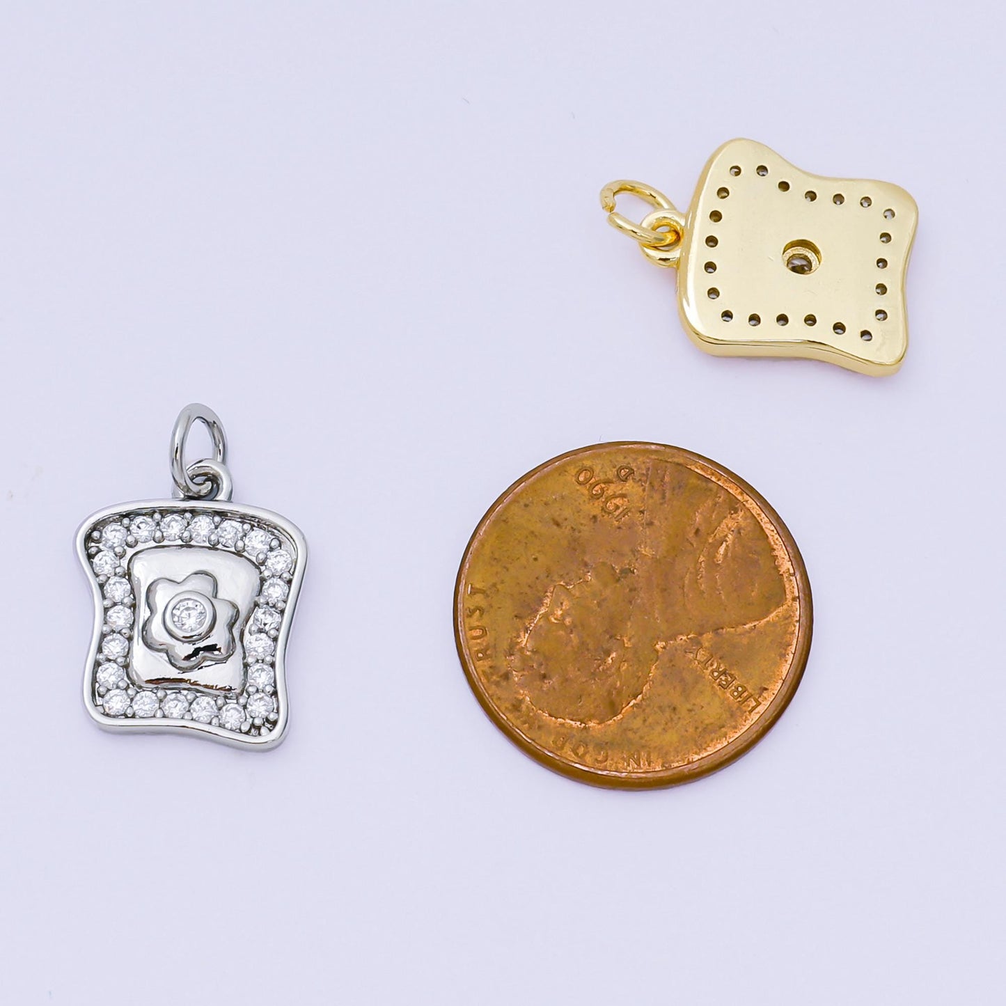 24K Gold Filled 15mm Micro Paved CZ Breakfast Bread, Egg Food Charm in Gold & Silver | AH-585