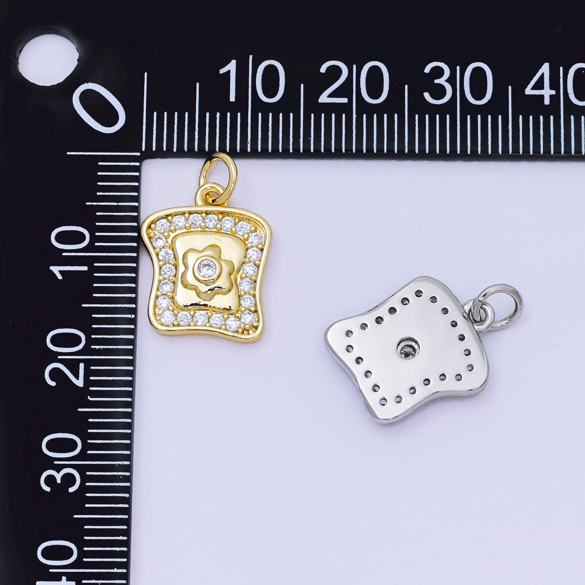 24K Gold Filled 15mm Micro Paved CZ Breakfast Bread, Egg Food Charm in Gold & Silver | AH-585