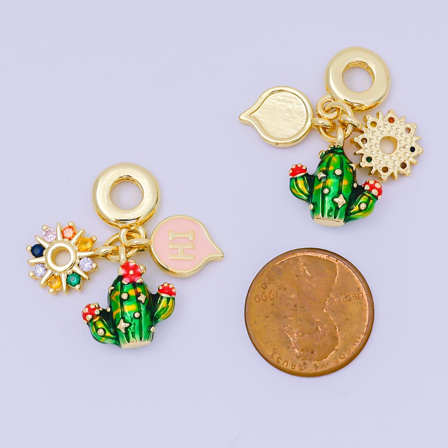 24K Gold Filled 13.5mm Multicolor CZ Enamel Art Desert Theme Charm in Cactus, Sun, & Hi Rondelle Drop Pendant | M-098
