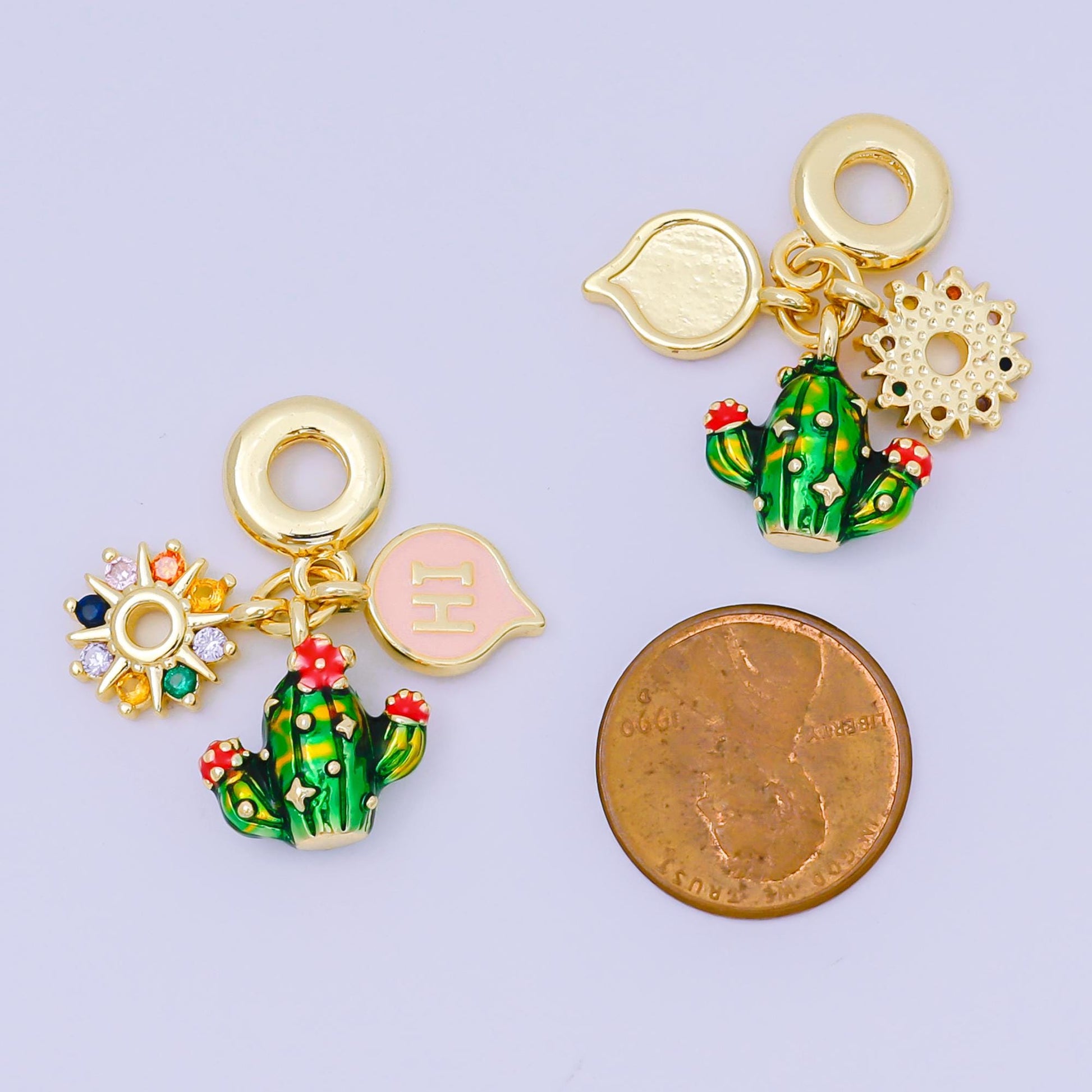 24K Gold Filled 13.5mm Multicolor CZ Enamel Art Desert Theme Charm in Cactus, Sun, & Hi Rondelle Drop Pendant | M-098