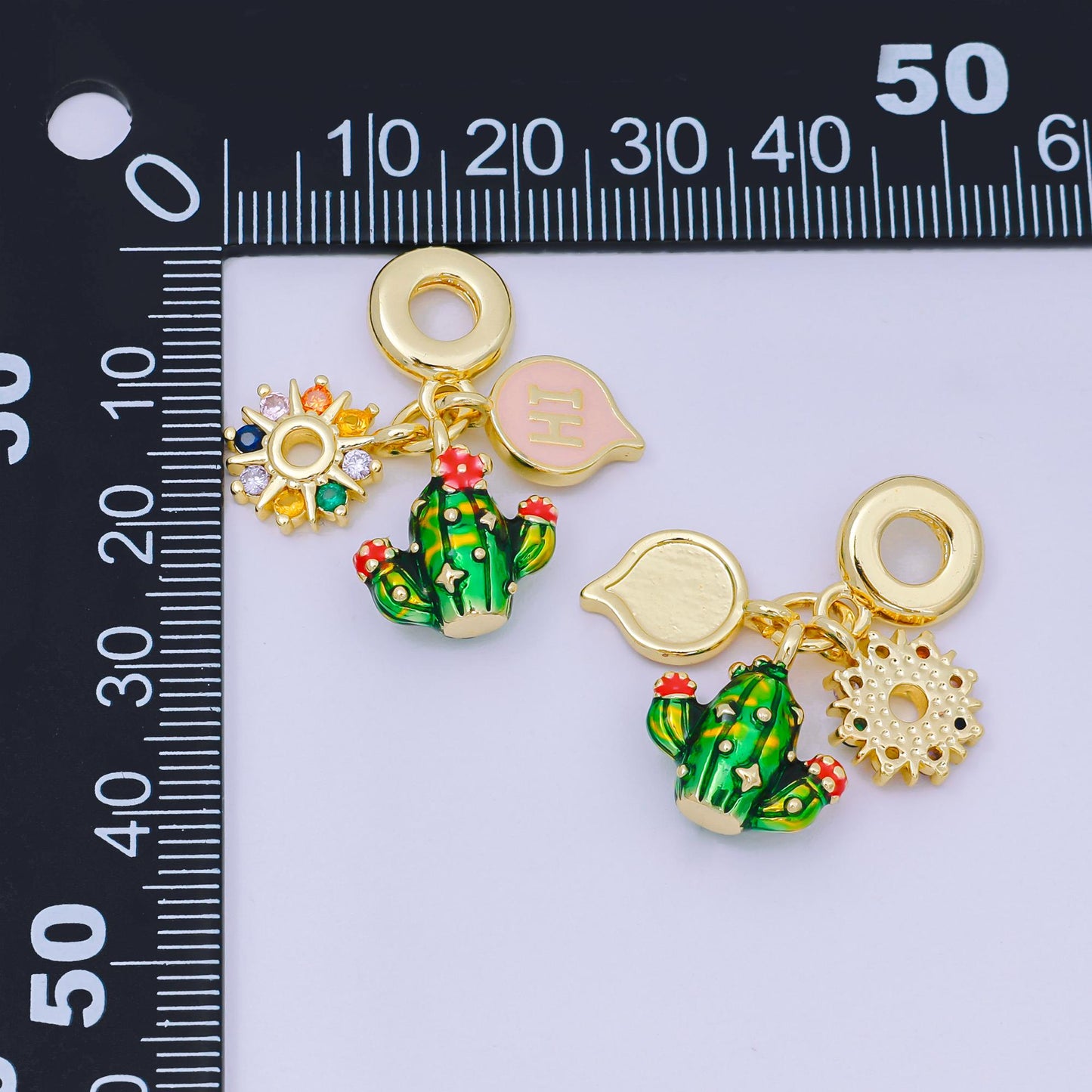 24K Gold Filled 13.5mm Multicolor CZ Enamel Art Desert Theme Charm in Cactus, Sun, & Hi Rondelle Drop Pendant | M-098