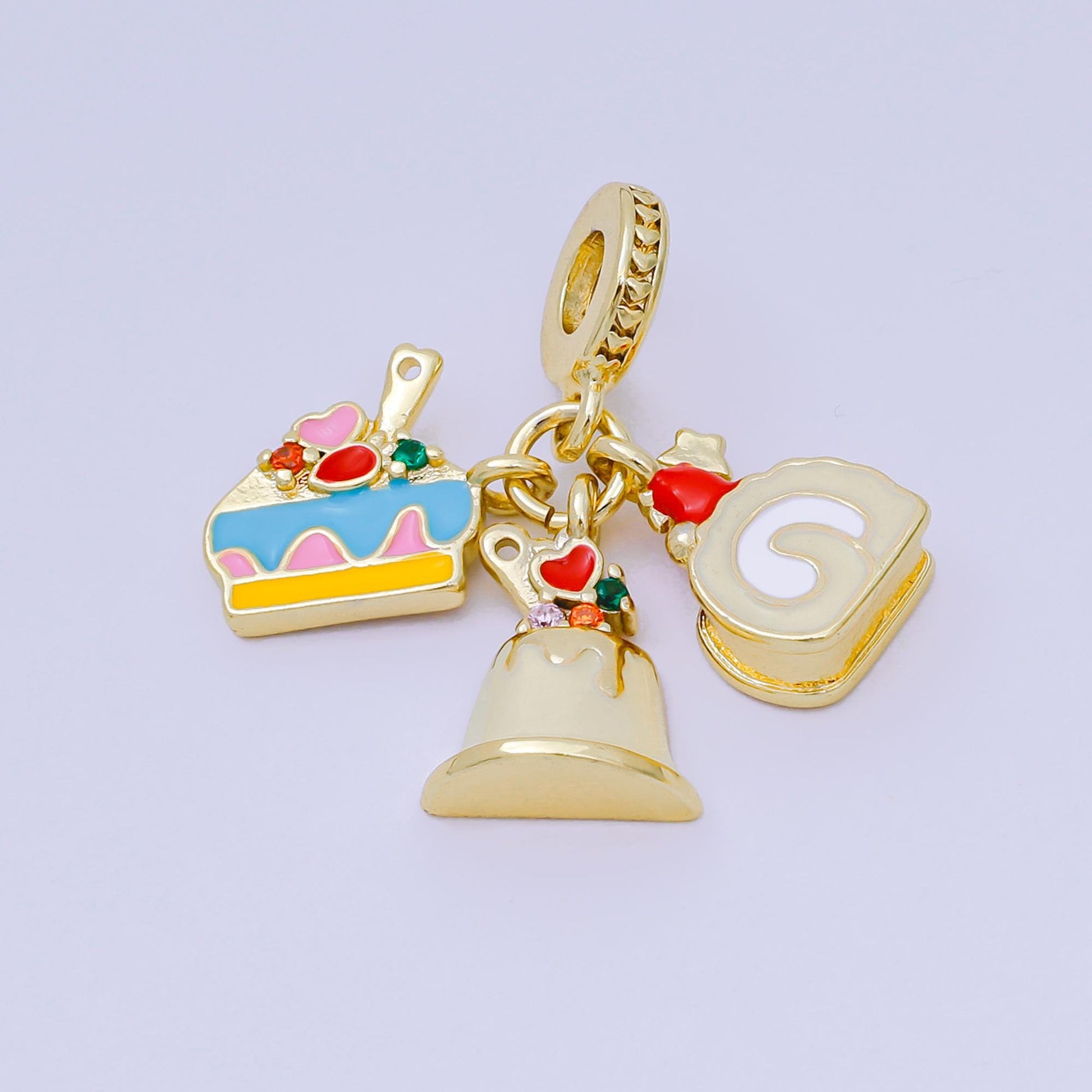 24K Gold Filled 15mm Micro Paved CZ Enamel Art Sweets Dessert Set Charm in Muffin, Cake, & Roll-Cake Rhondelle Drop Pendant | D-909