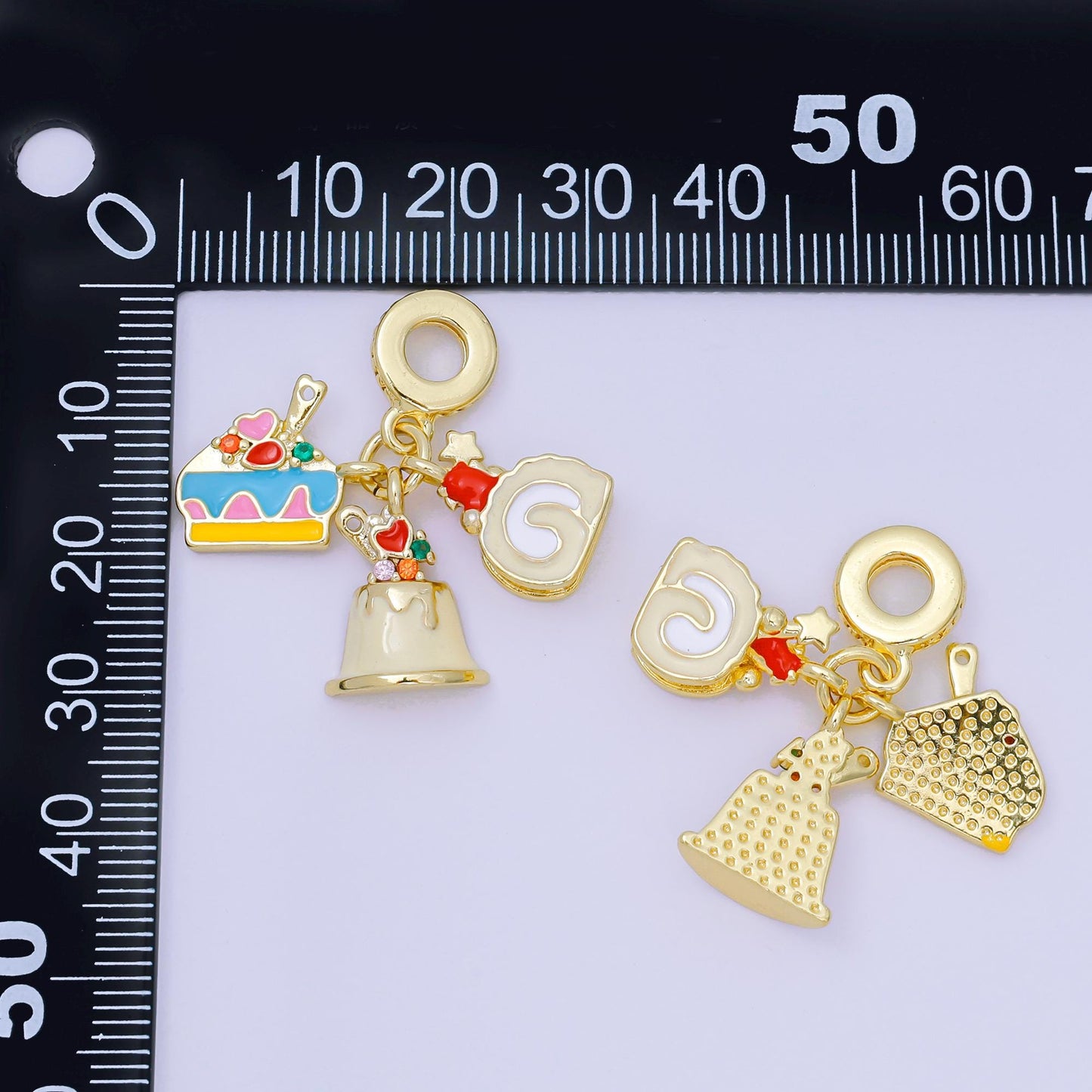 24K Gold Filled 15mm Micro Paved CZ Enamel Art Sweets Dessert Set Charm in Muffin, Cake, & Roll-Cake Rhondelle Drop Pendant | D-909