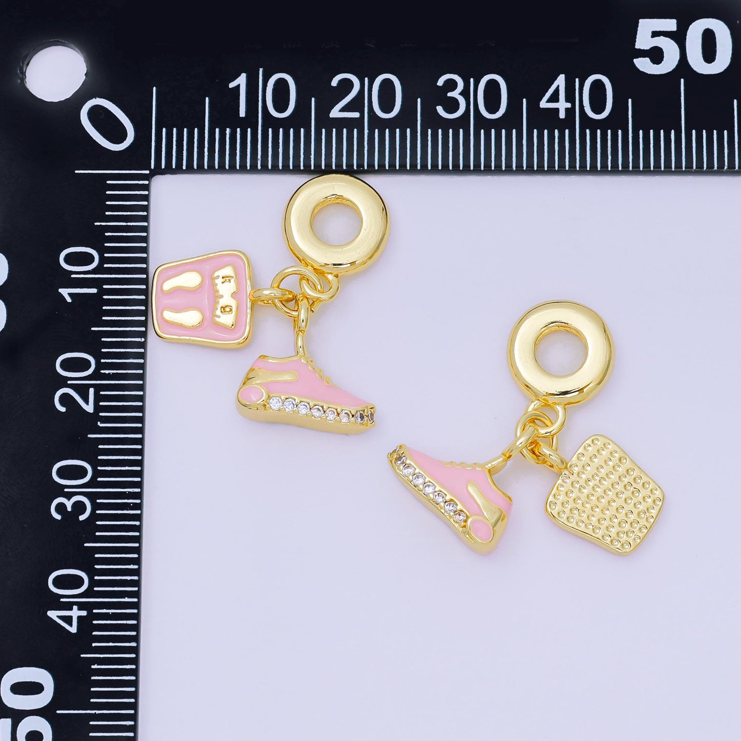 24K Gold Filled 14mm Micro Paved CZ Pink Enamel Set Charm in Pink Sneakers & Weight Scale Rhondelle Drop Pendant | M-053