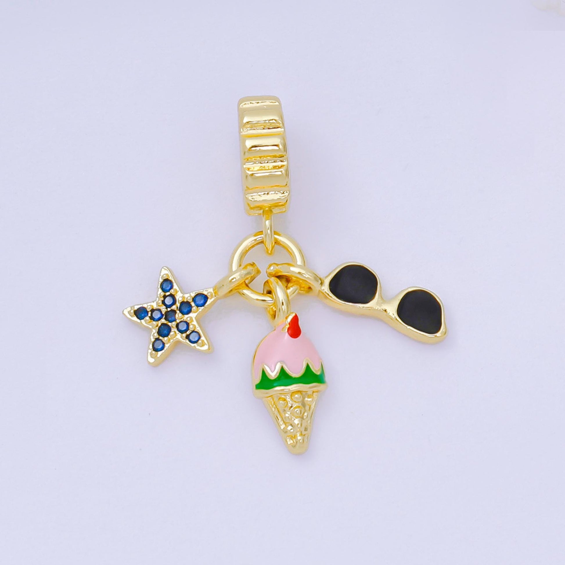 24K Gold Filled 14mm Micro Paved CZ Enamel Art Playful Set Charm in Star, Ice Cream, & Sunglasses Rhondelle Drop Pendant | M-097