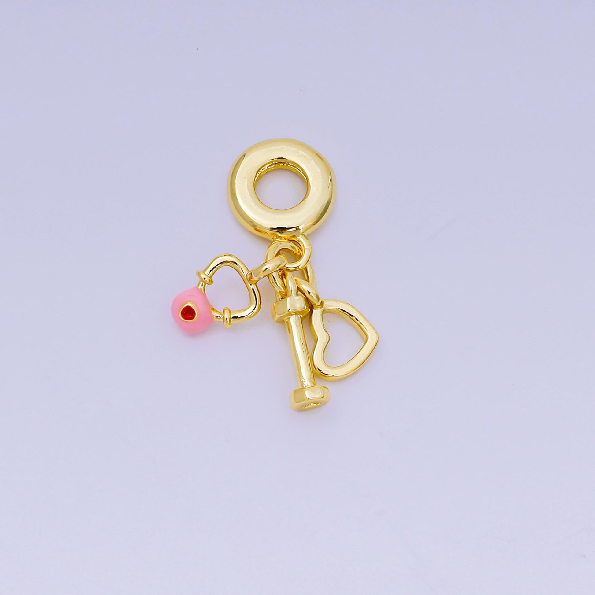24K Gold Filled 11.5mm Red CZ Enamel Art Gym Set Charm in Heart, Barbell, & Dumbbells Rondelle Drop Pendant | M-099