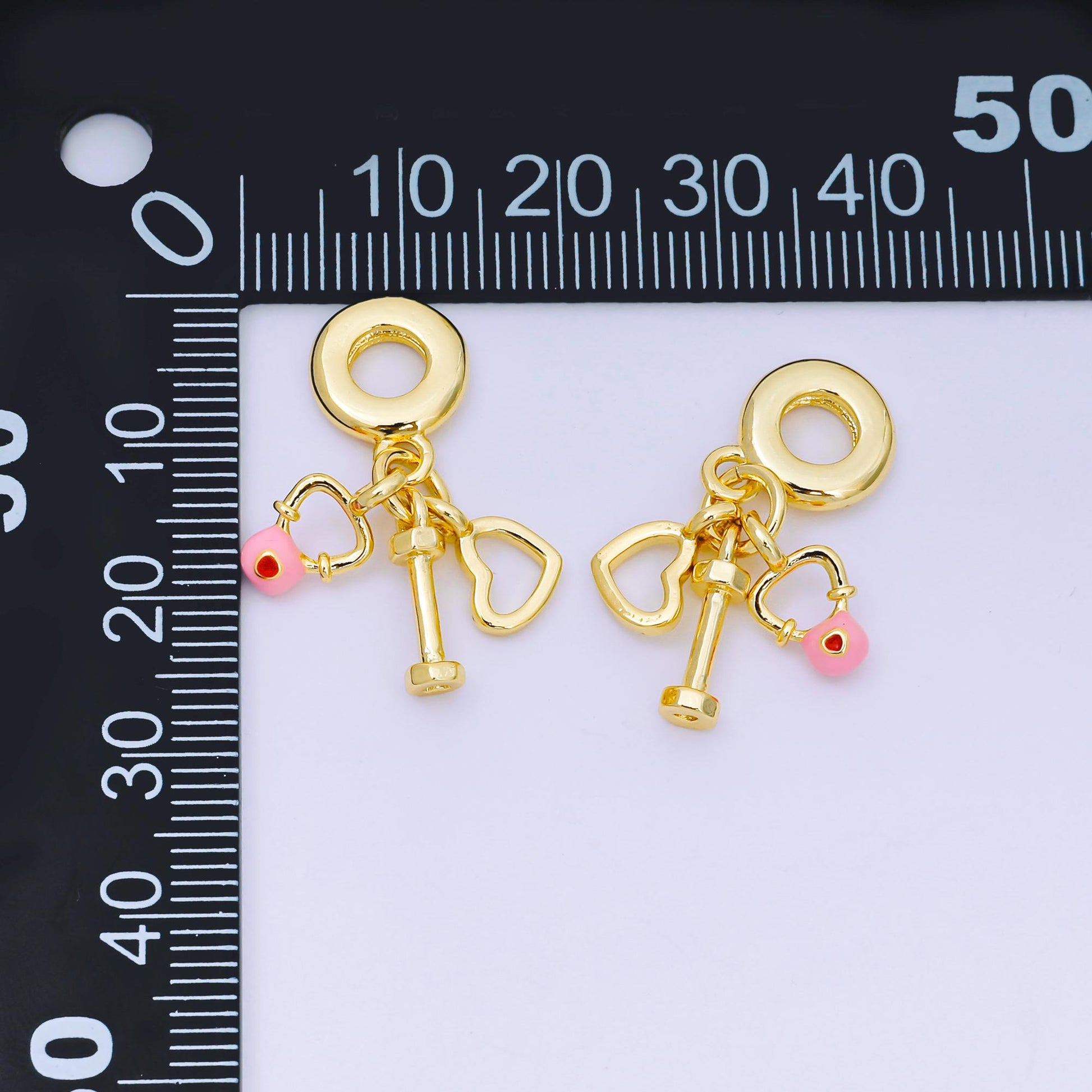 24K Gold Filled 11.5mm Red CZ Enamel Art Gym Set Charm in Heart, Barbell, & Dumbbells Rondelle Drop Pendant | M-099