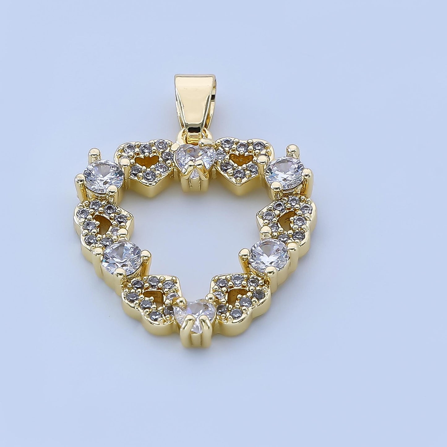 24K Gold Filled 19.5mm Micro Paved Round CZ Open Heart Pendant | AA-1604