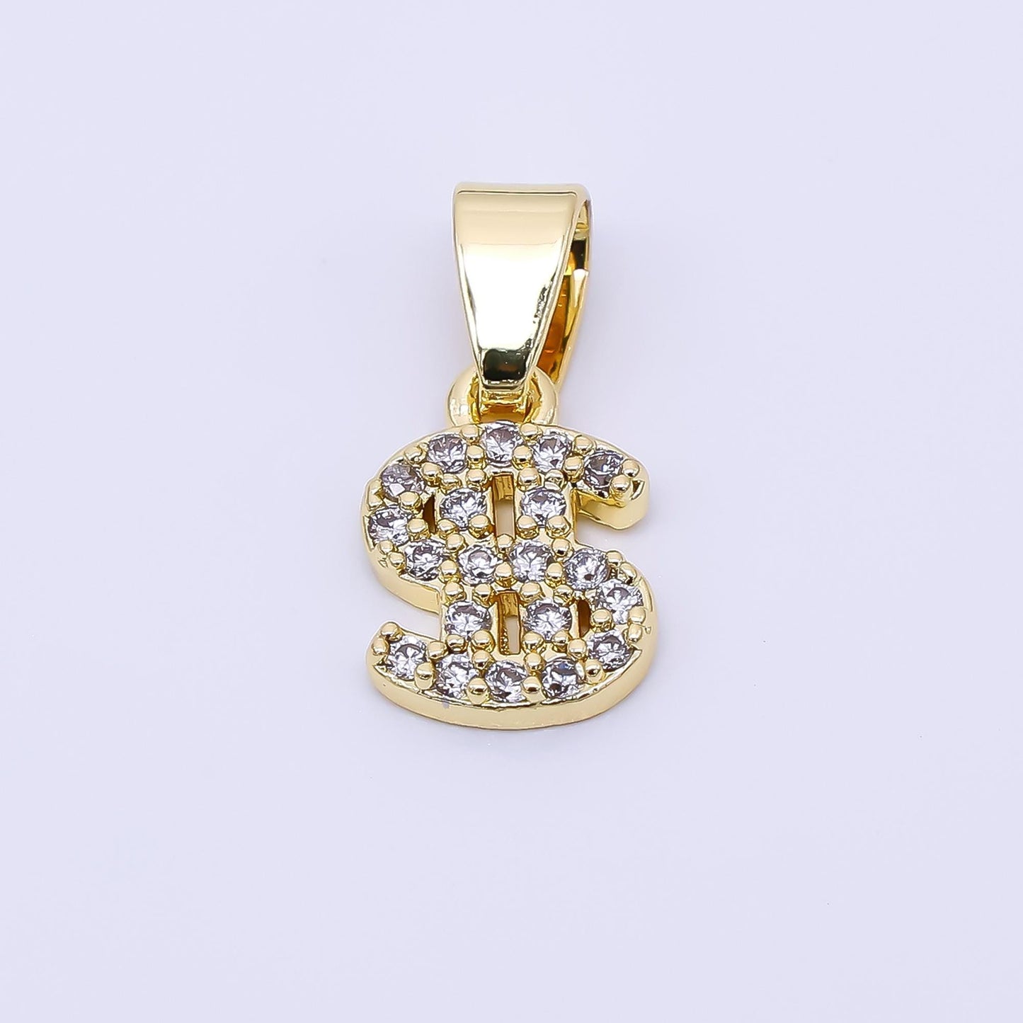 24K Gold Filled 9.5mm Micro Paved CZ Money Dollar Sign Pendant | AA-1607