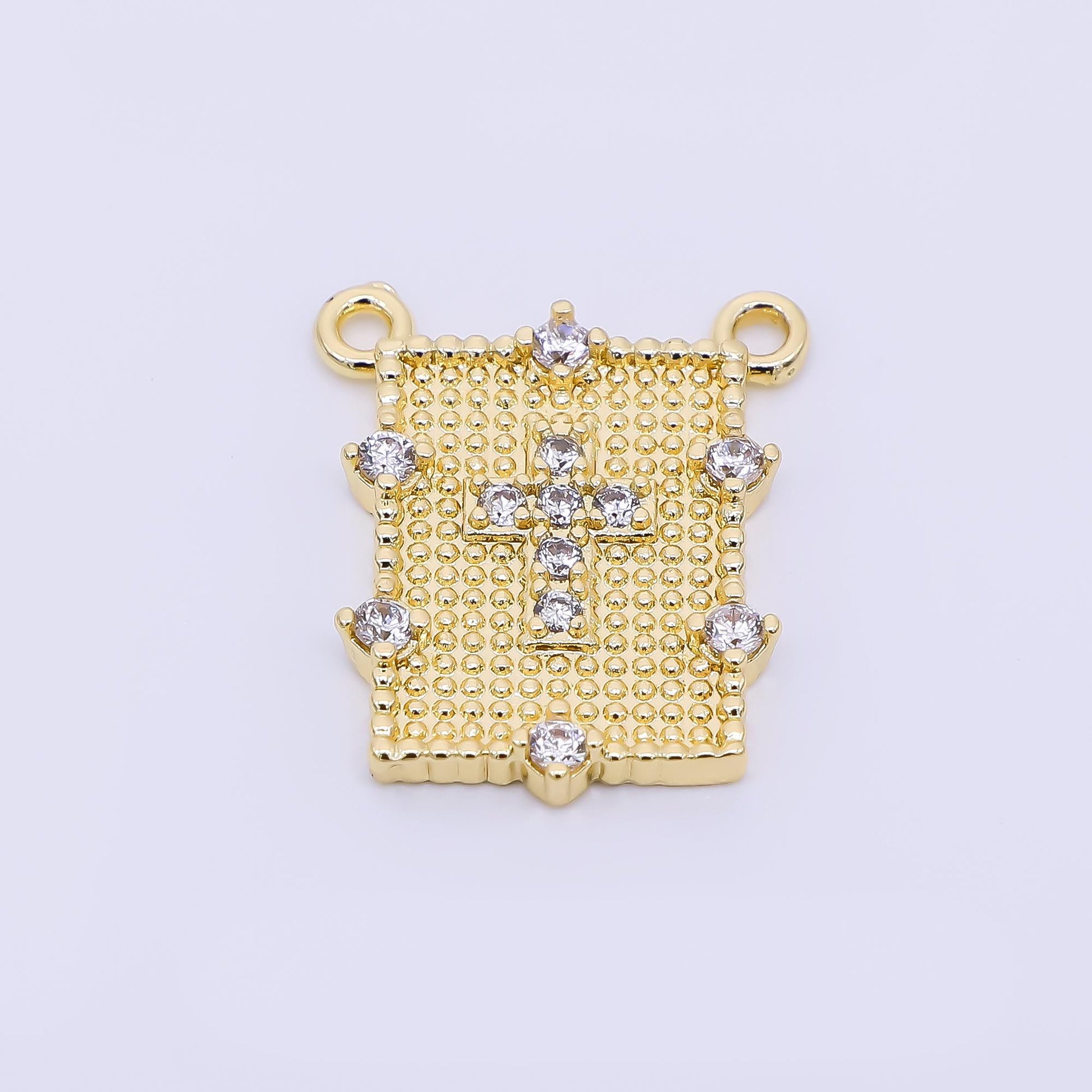 24K Gold Filled 17.5mm Micro Paved CZ Cross Dotted Rectangle Connector | Y-061