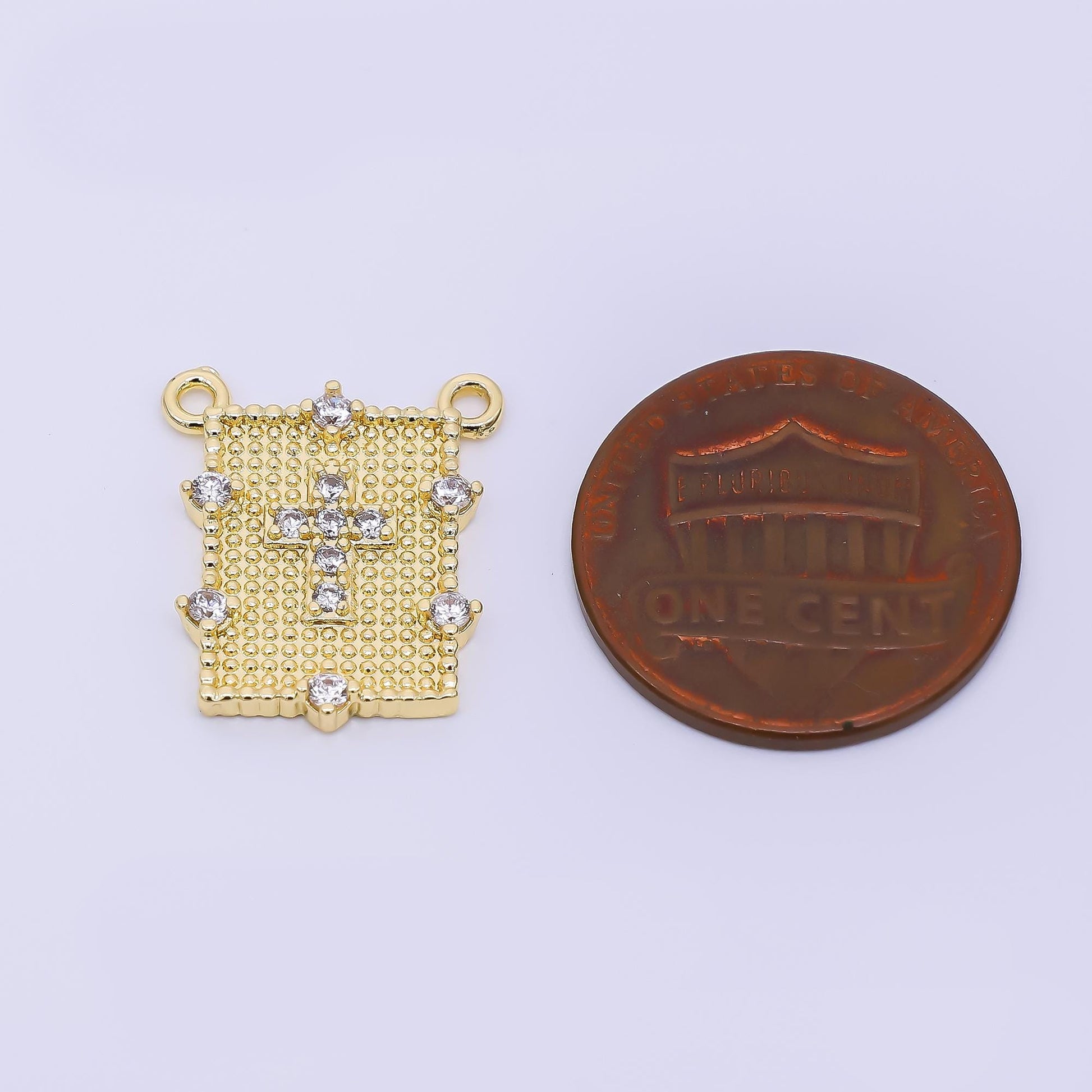 24K Gold Filled 17.5mm Micro Paved CZ Cross Dotted Rectangle Connector | Y-061