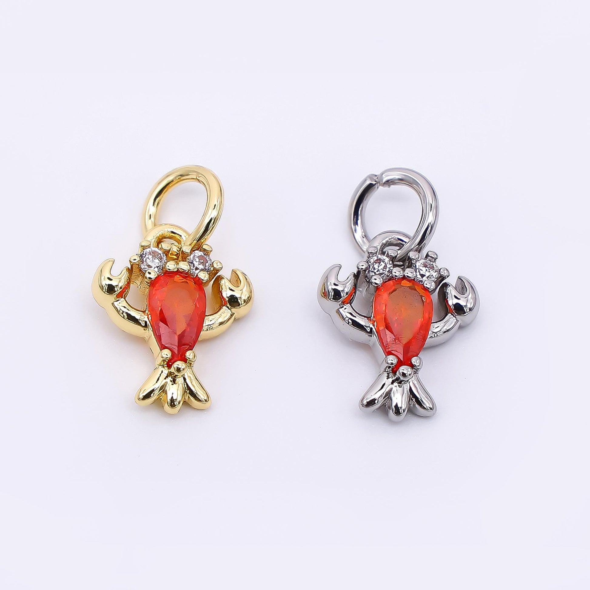 24K Gold Filled 16mm Red Teardrop CZ Fresh Sea Shrimp Lobster Animal Charm in Gold & Silver | M-653