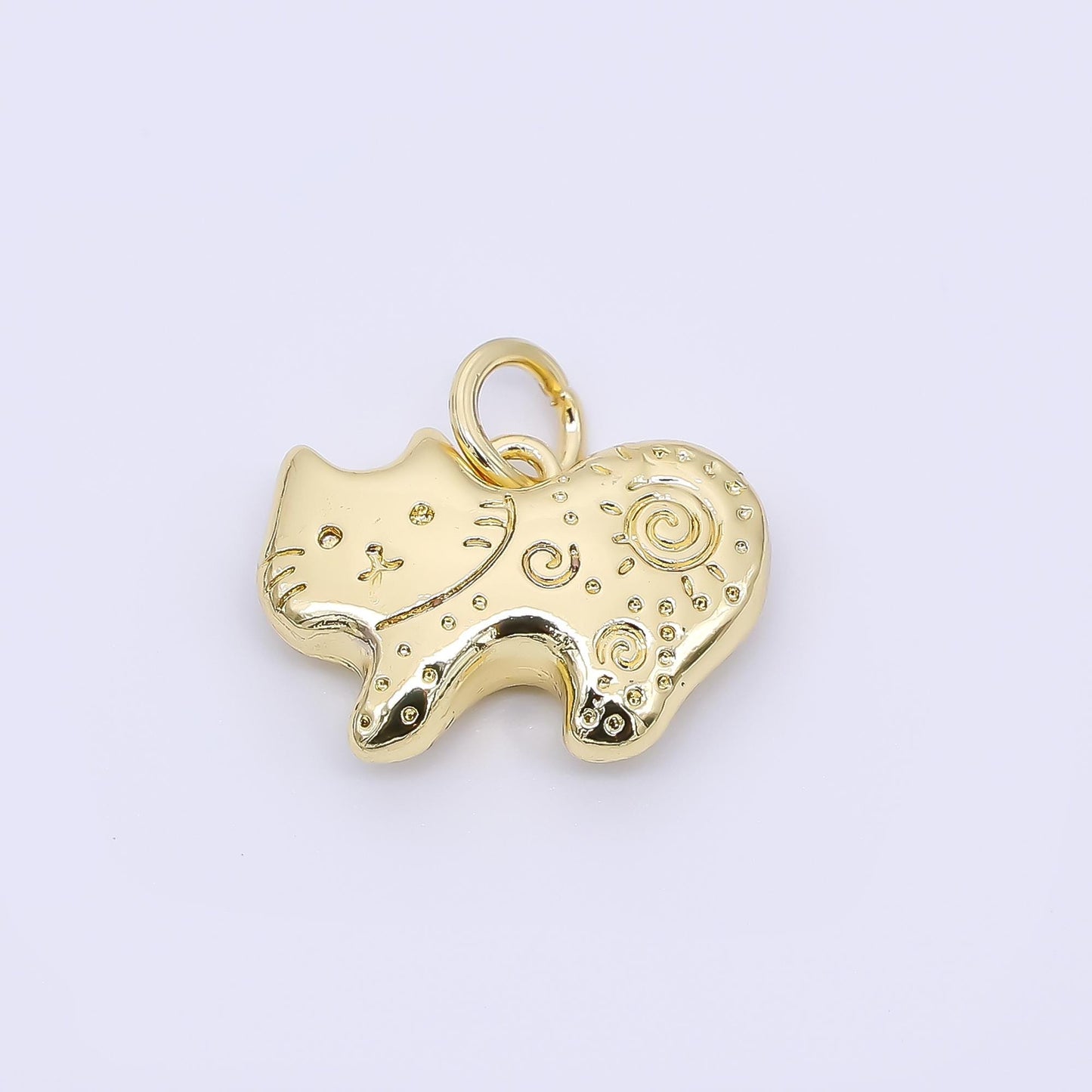 24K Gold Filled 10mm Patterned Kitty Cat Pet Animal Charm | D-463